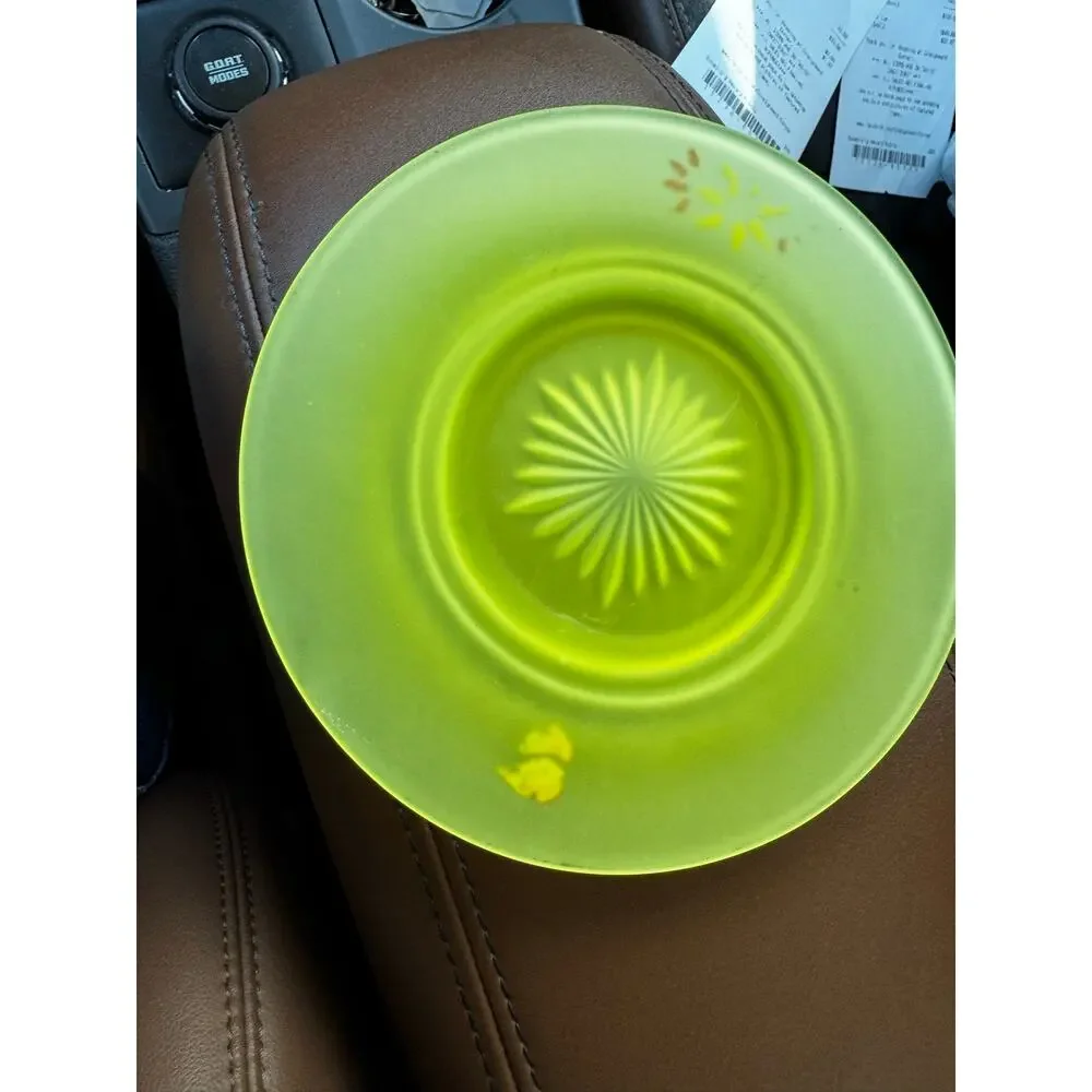 Vintage Uranium Vaseline Glass Plate Frosted Satin Yellow Green Starburst